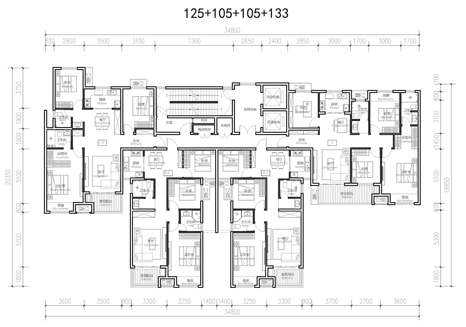 戶型-集中式  125+105+105+133-50款高層常用戶型整理